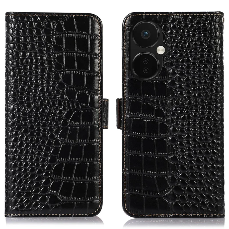Leather Phone Case for OnePlus Nord CE 3 Lite 5G / Nord N30 5G RFID Blocking Crocodile Texture Wallet Stand Drop-proof Phone Cover - Black