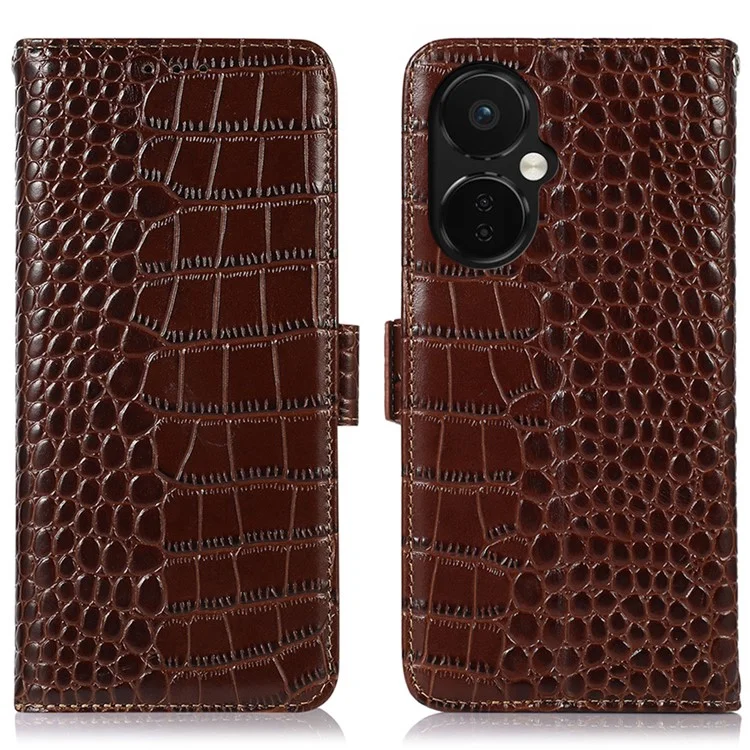 Leather Phone Case for OnePlus Nord CE 3 Lite 5G / Nord N30 5G RFID Blocking Crocodile Texture Wallet Stand Drop-proof Phone Cover - Brown