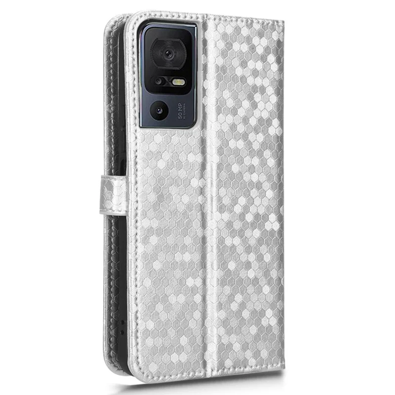 For TCL 40 SE Wrist Strap Phone Shell Dot Pattern Imprinted Phone Cover PU Leather Shockproof Wallet Stand Case - Silver