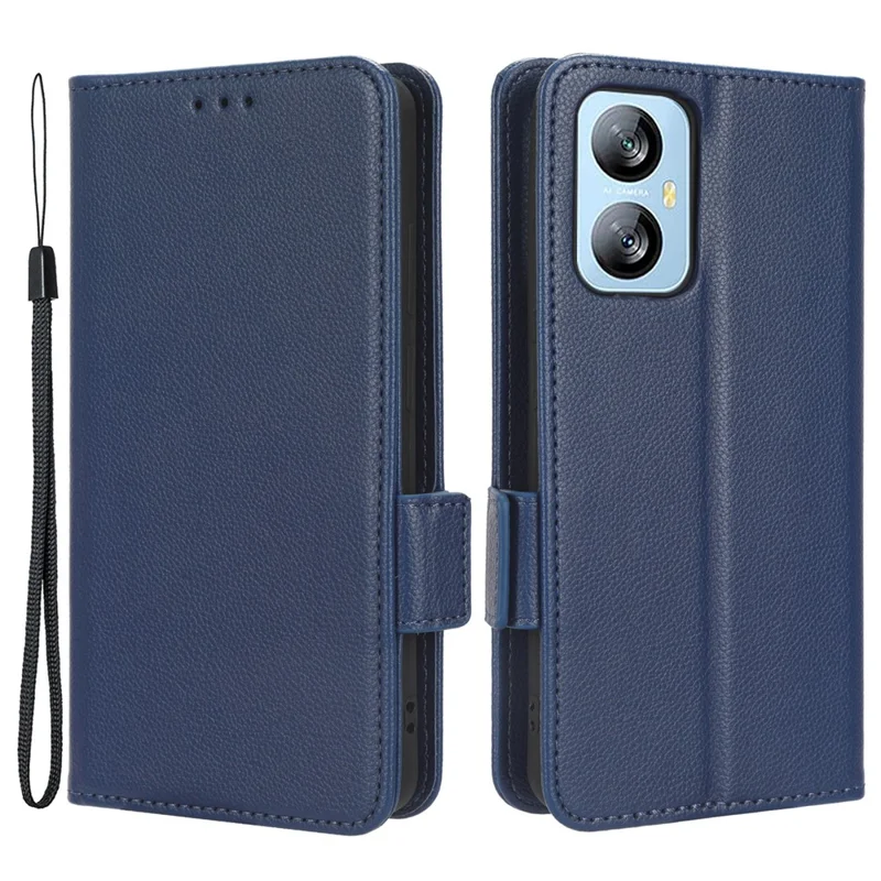 Cell Phone Case for Blackview A52 4G / A52 Pro 4G Litchi Texture Shockproof Flip Leather Phone Cover with Wallet Stand - Dark Blue