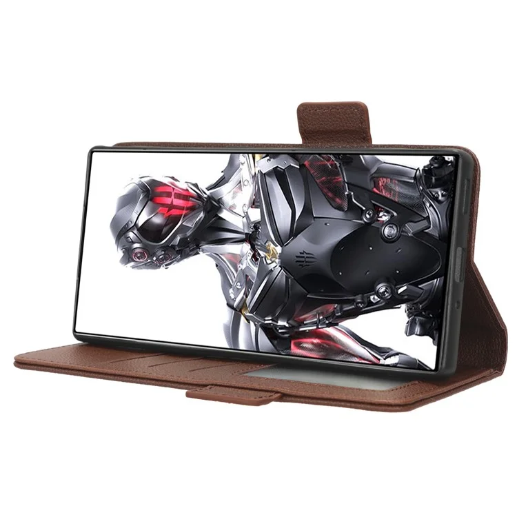 For ZTE nubia Red Magic 8 Pro+ 5G / Red Magic 8 Pro 5G Litchi Texture Leather Phone Case Dual Magnetic Clasp Wallet Stand Phone Shell - Brown