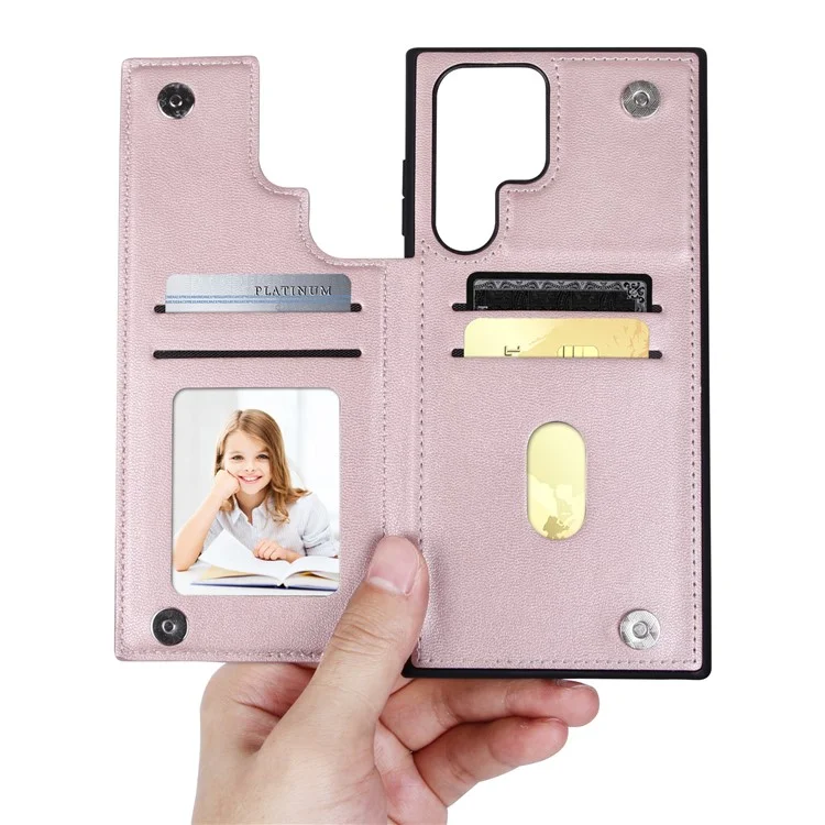 HANMAN Mika Series Para Samsung Galaxy S23 Ultra Diseño de Ranuras para Tarjetas Magnéticas Cubierta Protectora de Piel de PU Recubierta de TPU - Oro Rosa