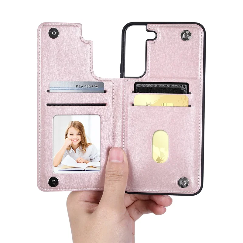 HANMAN Mika Series Para Samsung Galaxy S23 Funda Protectora de TPU Revestida de Piel Sintética Diseño con Ranuras para Tarjetas Magnéticas - Oro Rosa