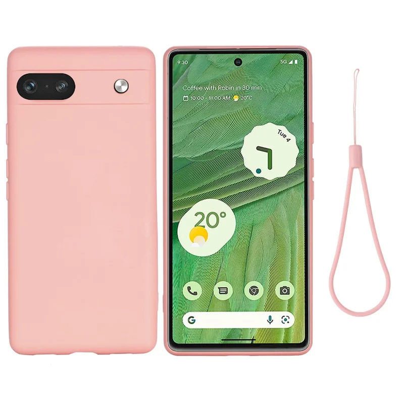 For Google Pixel 7a Liquid Silicone Case Cell Phone Cover Bump Proof Protector with Strap - Pink