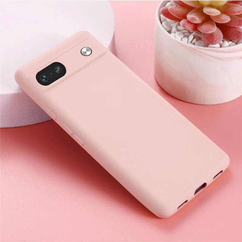 For Google Pixel 7a Liquid Silicone Case Cell Phone Cover Bump Proof Protector with Strap - Pink