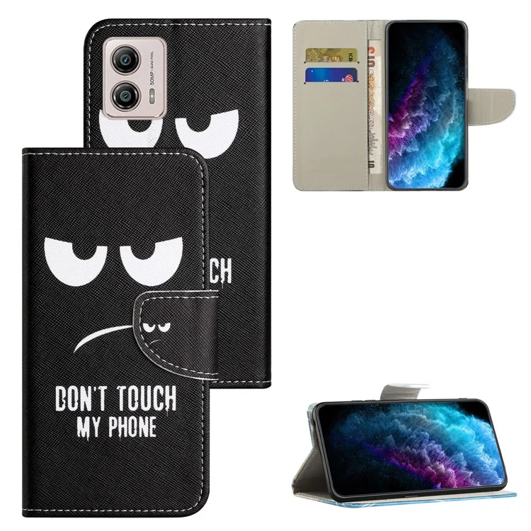 For Motorola Moto G73 5G Leather Stand Phone Case Pattern Printing Cross Texture Anti-drop Wallet Cover - Don't Touch My Phone