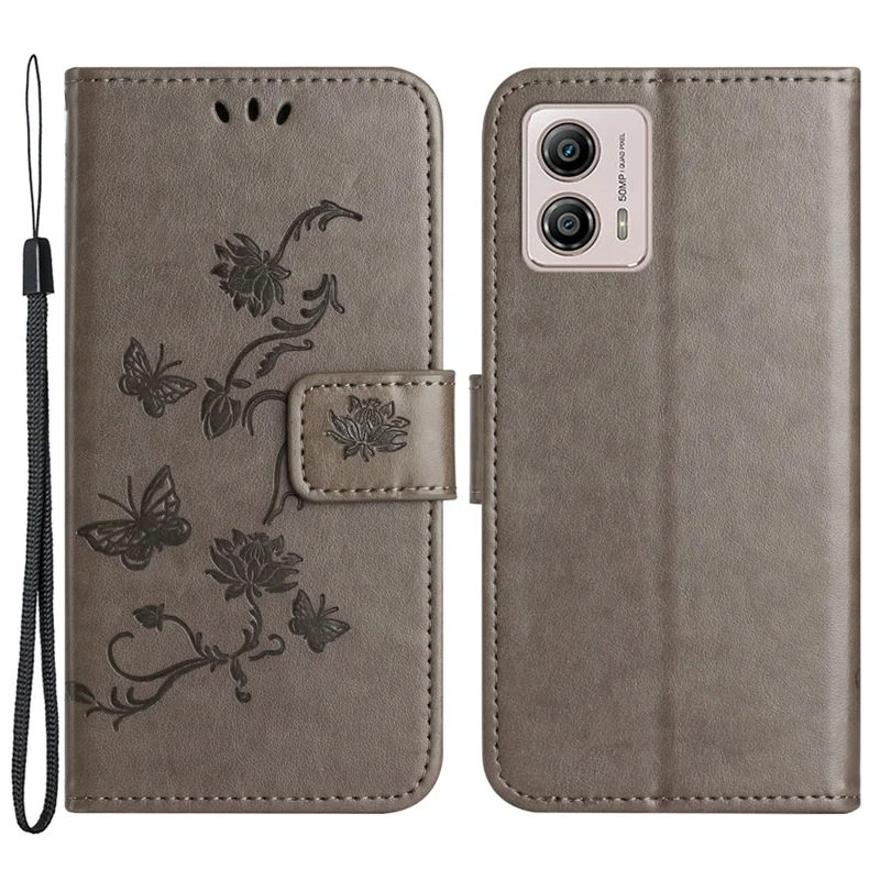 For Motorola Moto G73 5G Imprinted Butterfly Flower PU Leather Wallet Cover Flip Stand Phone Case with Strap - Grey