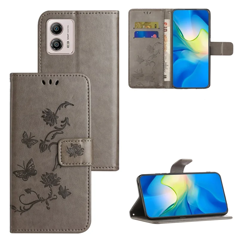 For Motorola Moto G73 5G Imprinted Butterfly Flower PU Leather Wallet Cover Flip Stand Phone Case with Strap - Grey