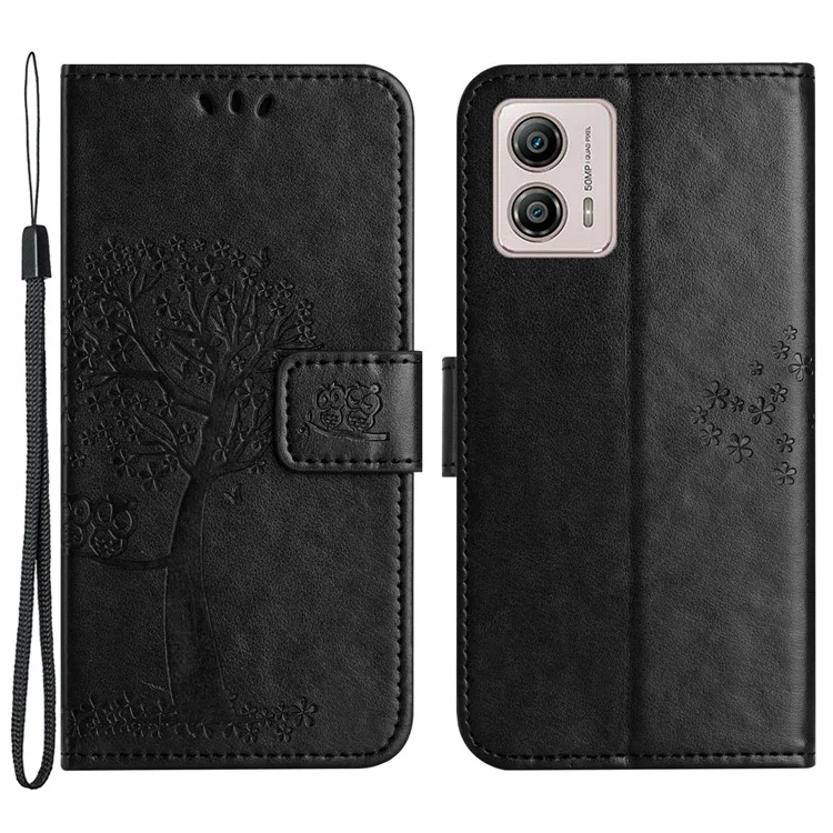 Для Motorola Moto G73 5G Owl Tree Imprinted PU Leather Stand Phone Case Drop-proof Wallet Cover - Black