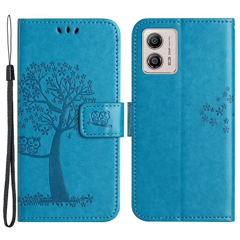 For Motorola Moto G73 5G Owl Tree Imprinted PU Leather Stand Phone Case Drop-proof Wallet Cover - Blue