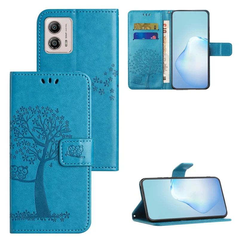 For Motorola Moto G73 5G Owl Tree Imprinted PU Leather Stand Phone Case Drop-proof Wallet Cover - Blue