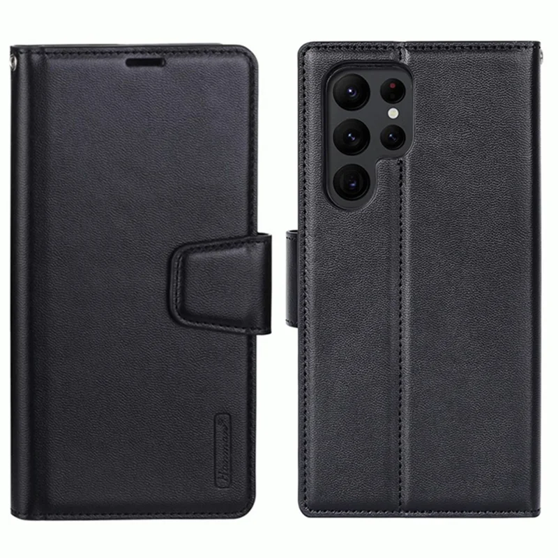 HANMAN Mill Series PU Leather Case for Samsung Galaxy S23 Ultra , Magnetic Flip Stand Wallet Phone Cover - Black