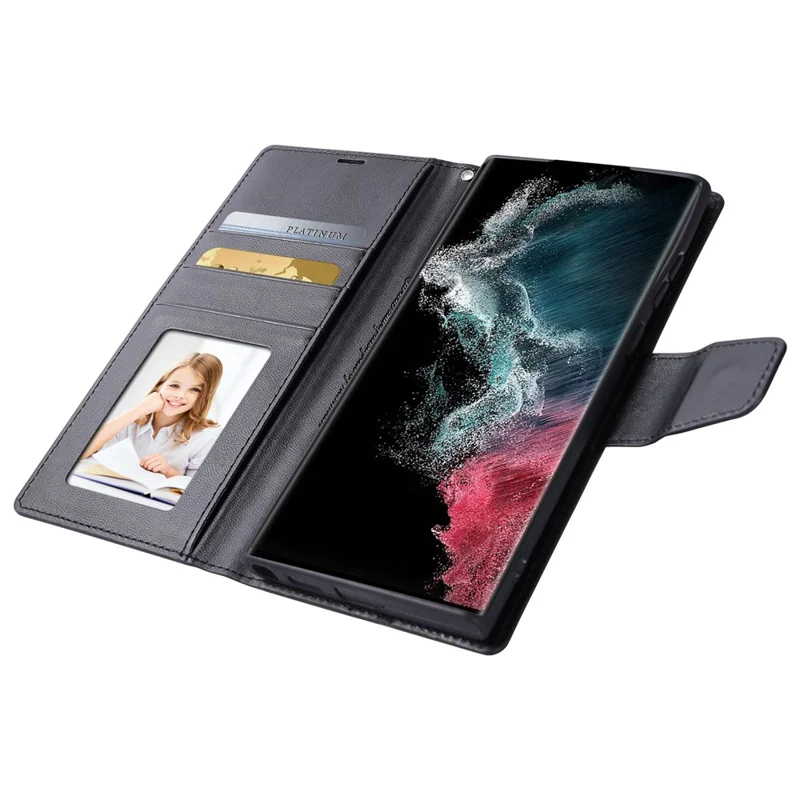 HANMAN Mill Series PU Leather Case for Samsung Galaxy S23 Ultra , Magnetic Flip Stand Wallet Phone Cover - Black