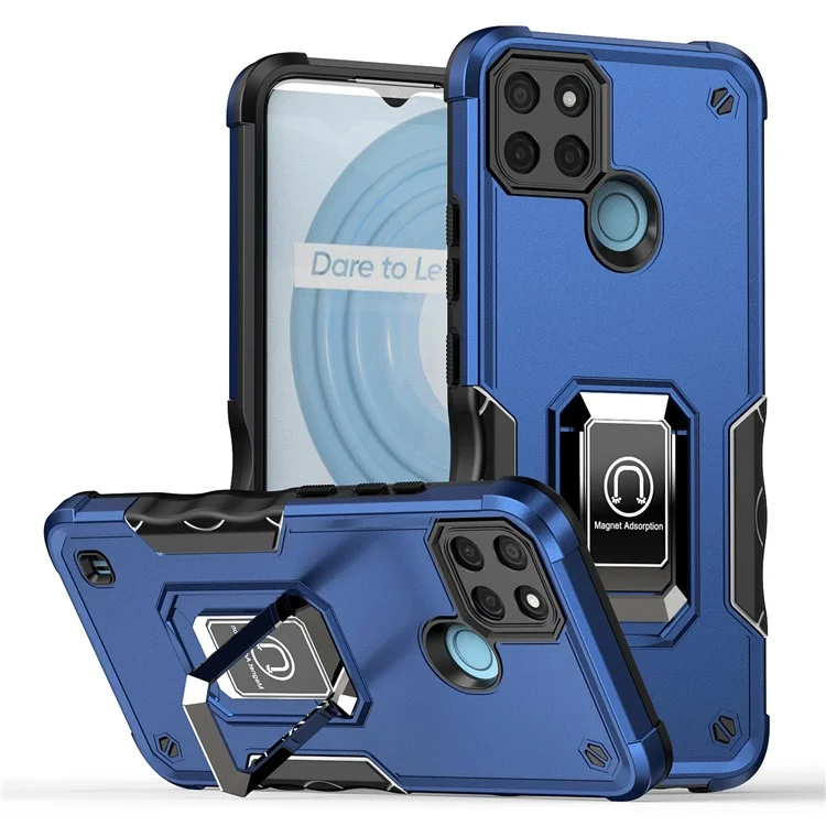 For Realme C21Y PC+TPU Phone Case Ring Holder Kickstand Non-slip Grip Smartphone Cover - Blue
