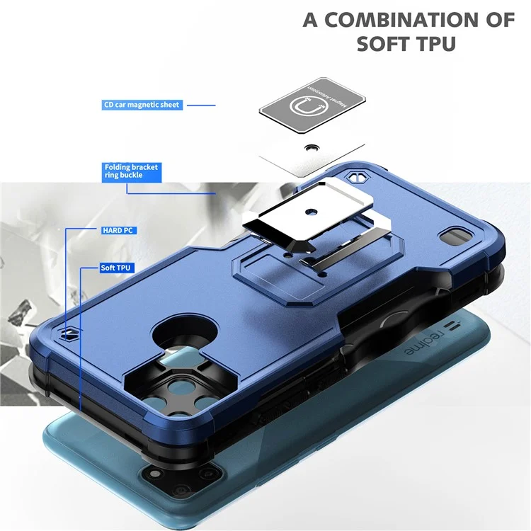 For Realme C21Y PC+TPU Phone Case Ring Holder Kickstand Non-slip Grip Smartphone Cover - Blue