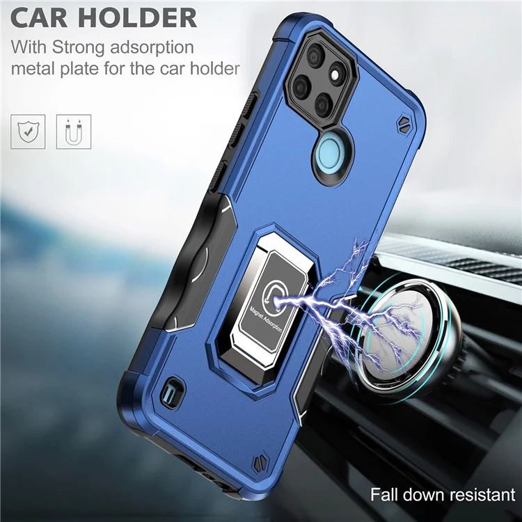 For Realme C21Y PC+TPU Phone Case Ring Holder Kickstand Non-slip Grip Smartphone Cover - Blue
