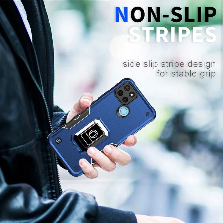 For Realme C21Y PC+TPU Phone Case Ring Holder Kickstand Non-slip Grip Smartphone Cover - Blue