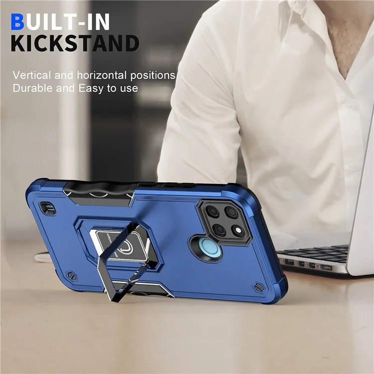 For Realme C21Y PC+TPU Phone Case Ring Holder Kickstand Non-slip Grip Smartphone Cover - Blue