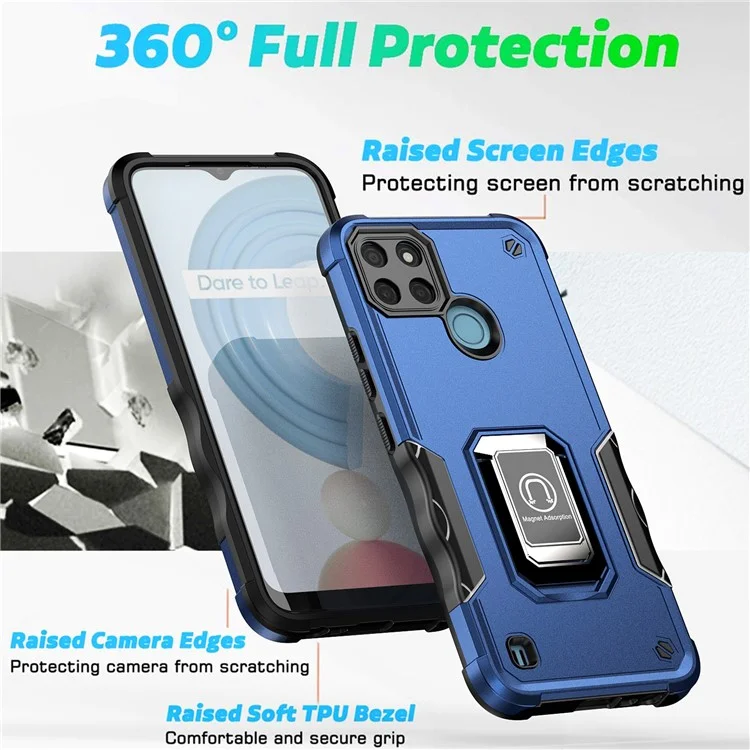 For Realme C21Y PC+TPU Phone Case Ring Holder Kickstand Non-slip Grip Smartphone Cover - Blue