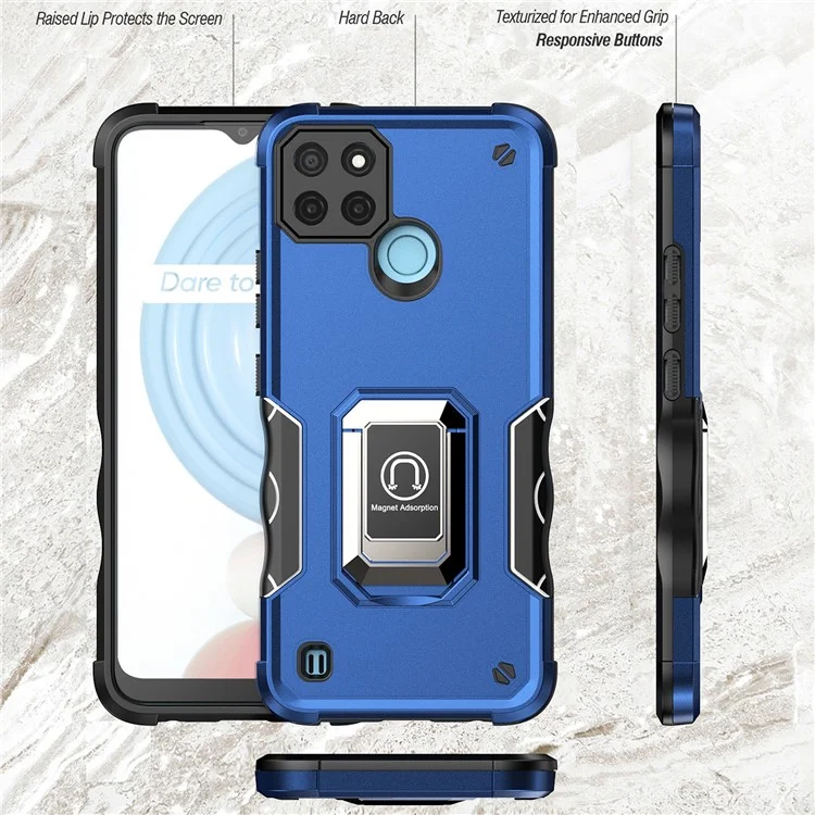 For Realme C21Y PC+TPU Phone Case Ring Holder Kickstand Non-slip Grip Smartphone Cover - Blue