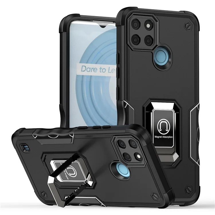 For Realme C21Y PC+TPU Phone Case Ring Holder Kickstand Non-slip Grip Smartphone Cover - Black