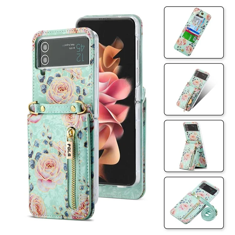 POLA Custodia in Pelle PU con Zip per Samsung Galaxy Z Flip3 5G, Slot per Schede, Supporto Kickstand, Stampa a Motivo Rosa - Ciano