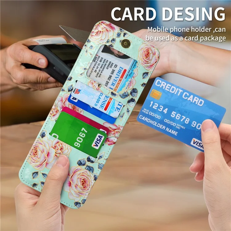 POLA Custodia in Pelle PU con Zip per Samsung Galaxy Z Flip3 5G, Slot per Schede, Supporto Kickstand, Stampa a Motivo Rosa - Ciano