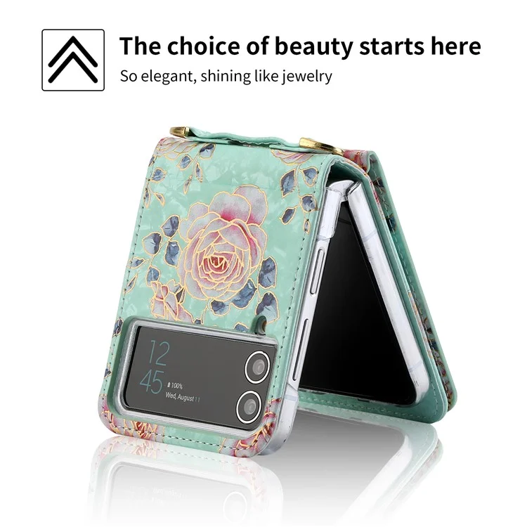 POLA Custodia in Pelle PU con Zip per Samsung Galaxy Z Flip3 5G, Slot per Schede, Supporto Kickstand, Stampa a Motivo Rosa - Ciano