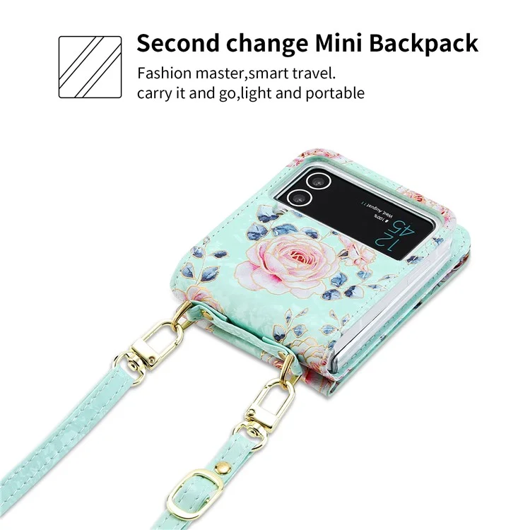 POLA Custodia in Pelle PU con Zip per Samsung Galaxy Z Flip3 5G, Slot per Schede, Supporto Kickstand, Stampa a Motivo Rosa - Ciano