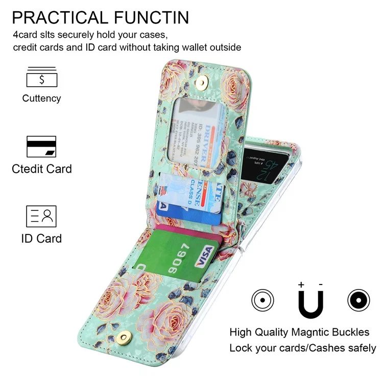 POLA Custodia in Pelle PU con Zip per Samsung Galaxy Z Flip3 5G, Slot per Schede, Supporto Kickstand, Stampa a Motivo Rosa - Ciano