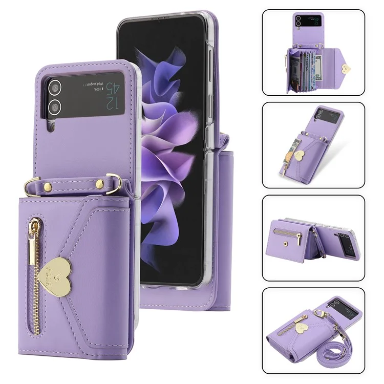 POLA Funda de Teléfono de Cuero Crossbody para Samsung Galaxy Z Flip3 5G, Monedero con Cremallera y Soporte - Púrpura