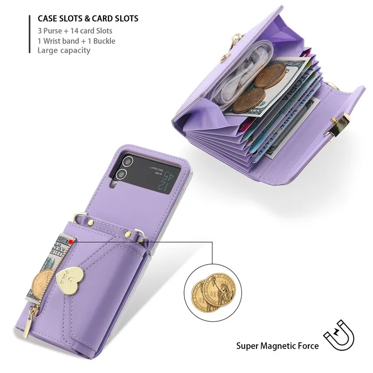 POLA Funda de Teléfono de Cuero Crossbody para Samsung Galaxy Z Flip3 5G, Monedero con Cremallera y Soporte - Púrpura