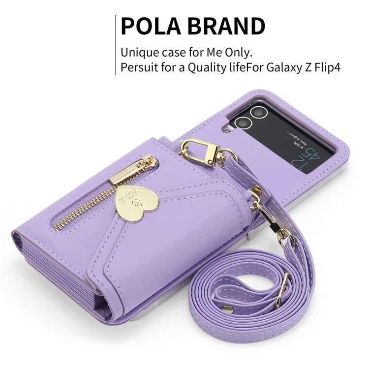 POLA Funda de Teléfono de Cuero Crossbody para Samsung Galaxy Z Flip3 5G, Monedero con Cremallera y Soporte - Púrpura