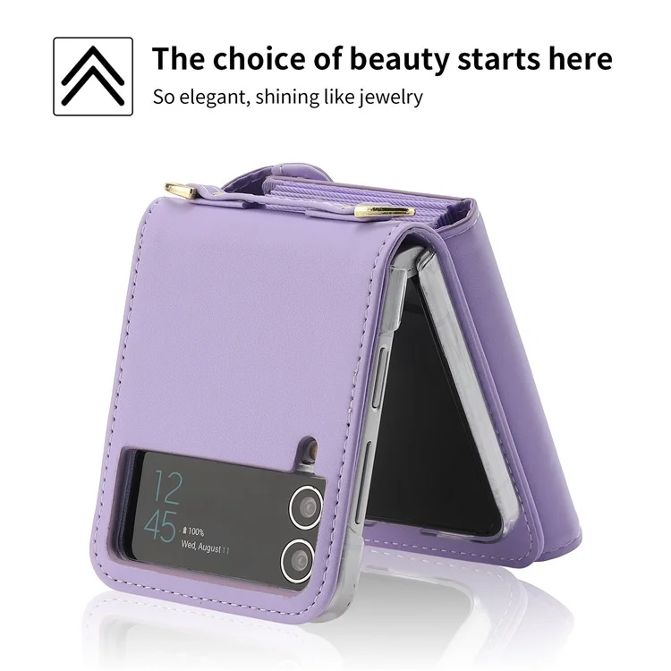 POLA Funda de Teléfono de Cuero Crossbody para Samsung Galaxy Z Flip3 5G, Monedero con Cremallera y Soporte - Púrpura