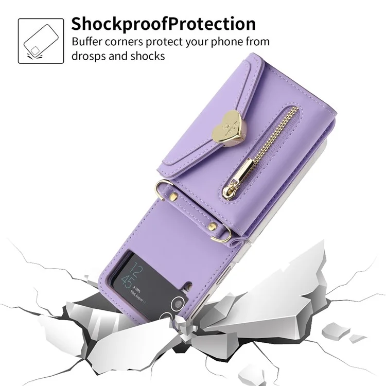 POLA Funda de Teléfono de Cuero Crossbody para Samsung Galaxy Z Flip3 5G, Monedero con Cremallera y Soporte - Púrpura