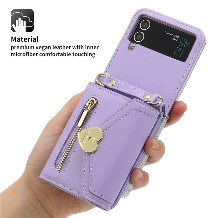 POLA Funda de Teléfono de Cuero Crossbody para Samsung Galaxy Z Flip3 5G, Monedero con Cremallera y Soporte - Púrpura