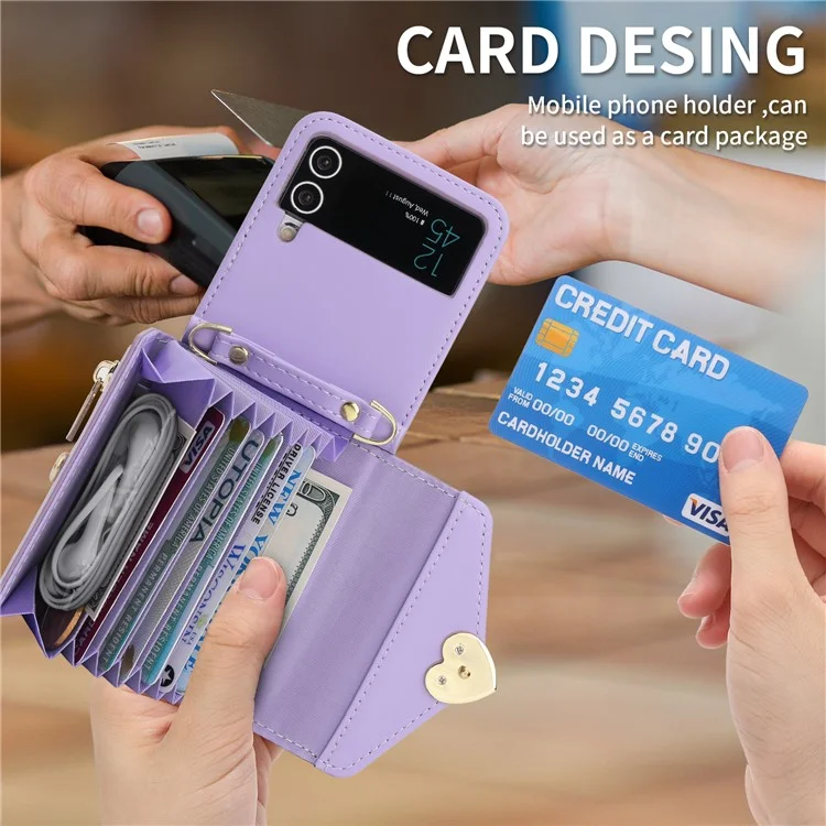 POLA Funda de Teléfono de Cuero Crossbody para Samsung Galaxy Z Flip3 5G, Monedero con Cremallera y Soporte - Púrpura
