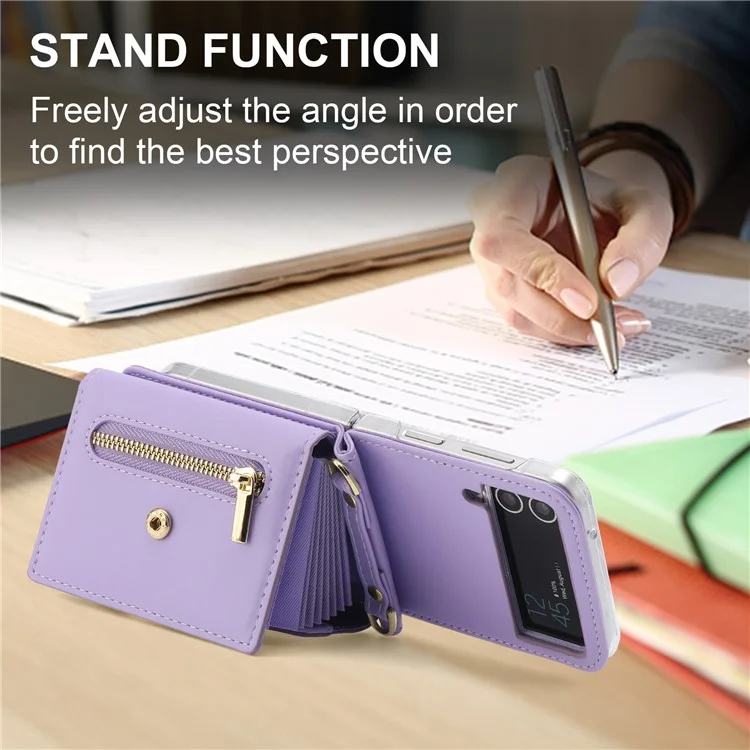 POLA Funda de Teléfono de Cuero Crossbody para Samsung Galaxy Z Flip3 5G, Monedero con Cremallera y Soporte - Púrpura