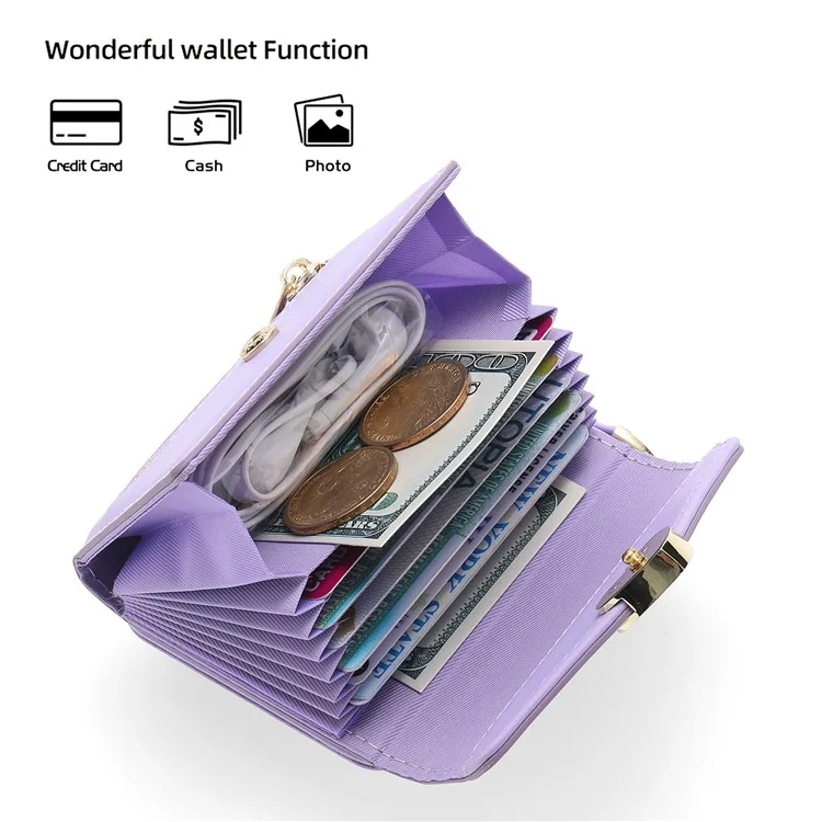 POLA Funda de Teléfono de Cuero Crossbody para Samsung Galaxy Z Flip3 5G, Monedero con Cremallera y Soporte - Púrpura