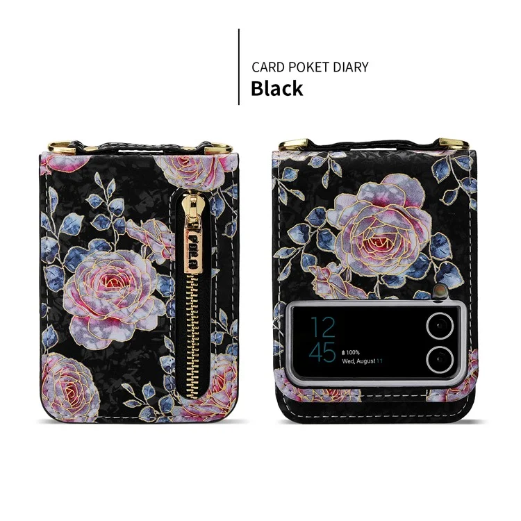 POLA Para Samsung Galaxy Z Flip4 5G Capa de Telefone de Couro PU com Suporte Circular Impressão de Padrão de Rosa Zíper Bolso de Moeda Capa com Porta-cartões - Preto