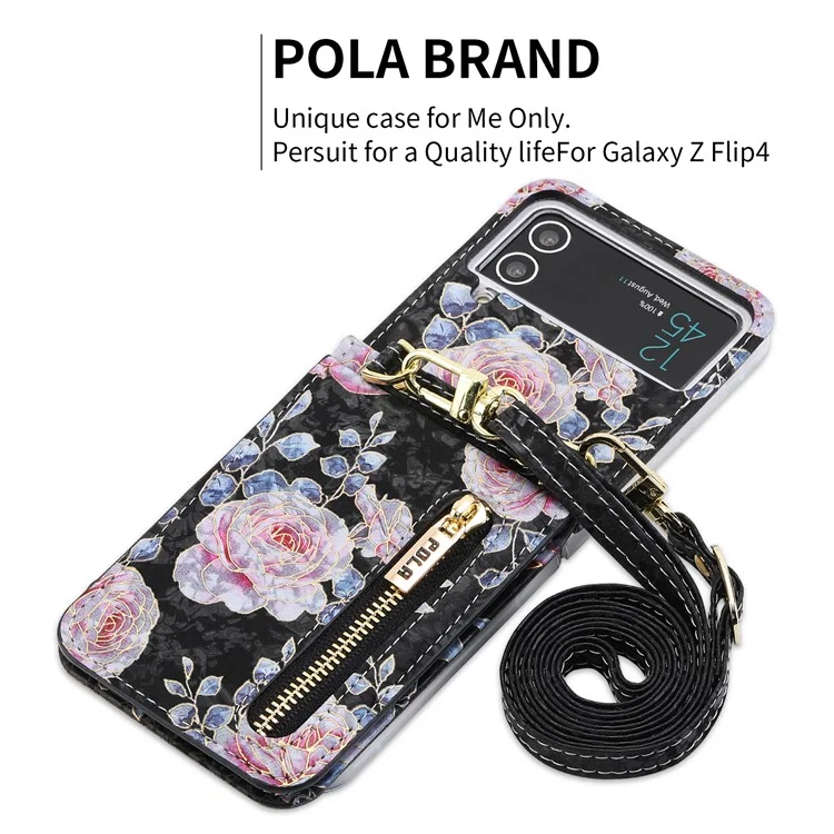 POLA Para Samsung Galaxy Z Flip4 5G Capa de Telefone de Couro PU com Suporte Circular Impressão de Padrão de Rosa Zíper Bolso de Moeda Capa com Porta-cartões - Preto