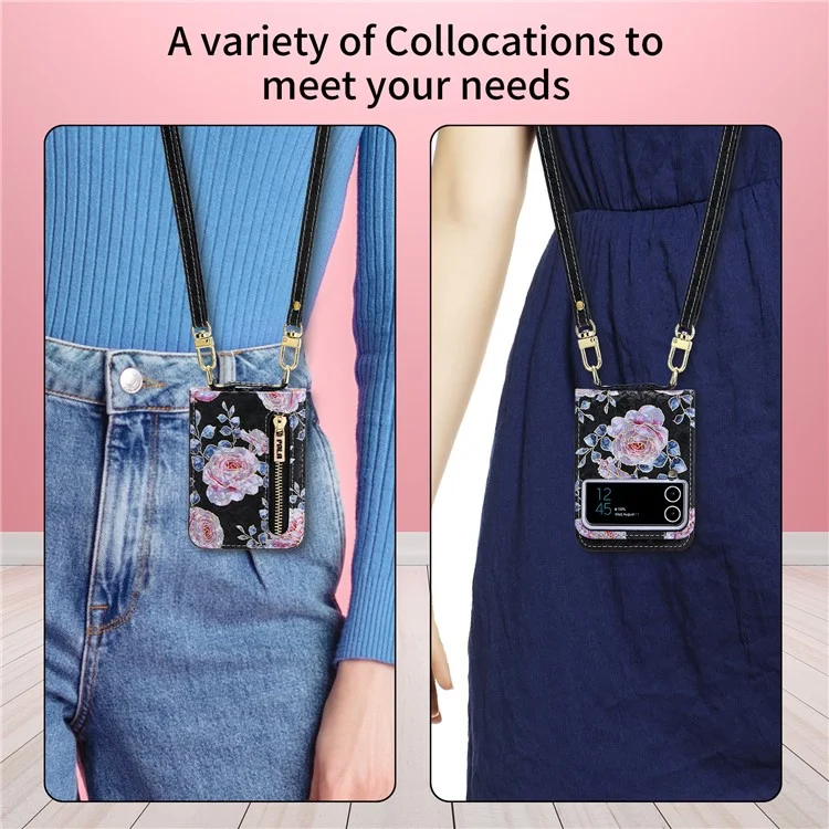 POLA Para Samsung Galaxy Z Flip4 5G Capa de Telefone de Couro PU com Suporte Circular Impressão de Padrão de Rosa Zíper Bolso de Moeda Capa com Porta-cartões - Preto