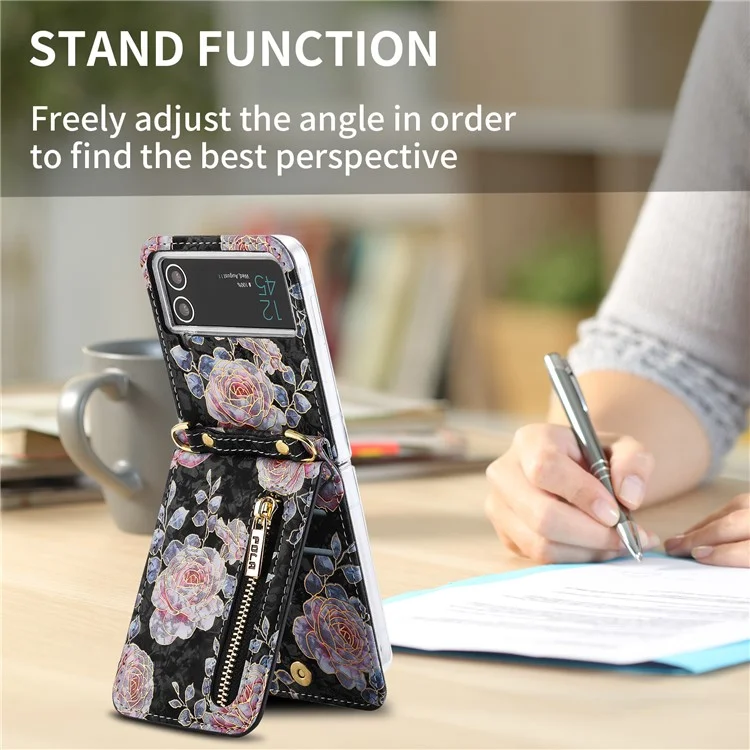 POLA Para Samsung Galaxy Z Flip4 5G Capa de Telefone de Couro PU com Suporte Circular Impressão de Padrão de Rosa Zíper Bolso de Moeda Capa com Porta-cartões - Preto