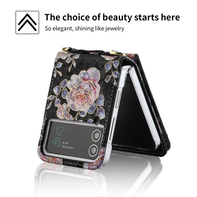 POLA Para Samsung Galaxy Z Flip4 5G Capa de Telefone de Couro PU com Suporte Circular Impressão de Padrão de Rosa Zíper Bolso de Moeda Capa com Porta-cartões - Preto