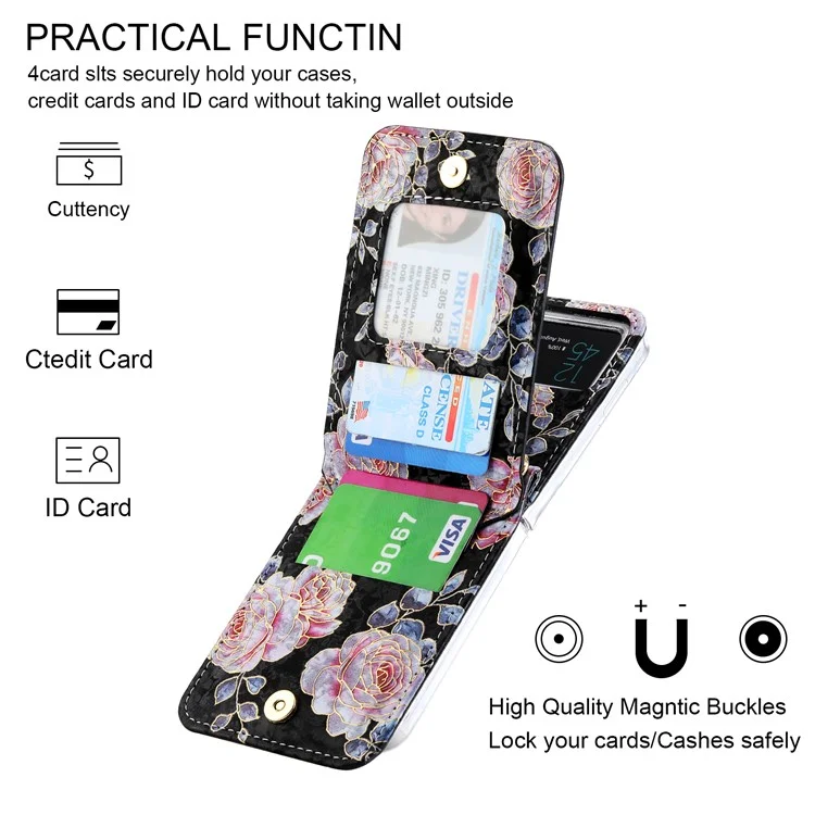 POLA Para Samsung Galaxy Z Flip4 5G Capa de Telefone de Couro PU com Suporte Circular Impressão de Padrão de Rosa Zíper Bolso de Moeda Capa com Porta-cartões - Preto