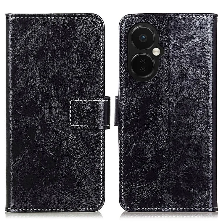 Para OnePlus Nord CE 3 Lite 5G / Nord N30 5G Soporte para teléfono Funda de piel sintética Textura de caballo salvaje retro Estuche tipo billetera para teléfono - Negro
