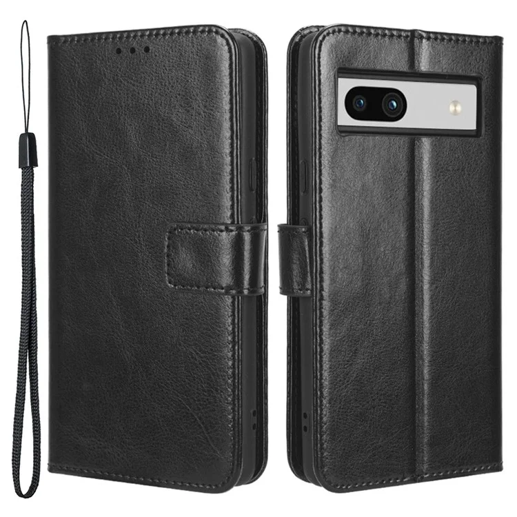 For Google Pixel 7a PU Leather Flip Phone Cover Crazy Horse Texture Wallet Phone Stand Case with Strap - Black