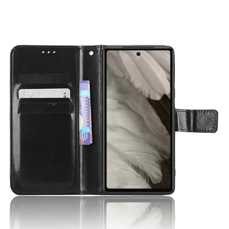 For Google Pixel 7a PU Leather Flip Phone Cover Crazy Horse Texture Wallet Phone Stand Case with Strap - Black