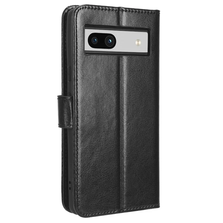 For Google Pixel 7a PU Leather Flip Phone Cover Crazy Horse Texture Wallet Phone Stand Case with Strap - Black