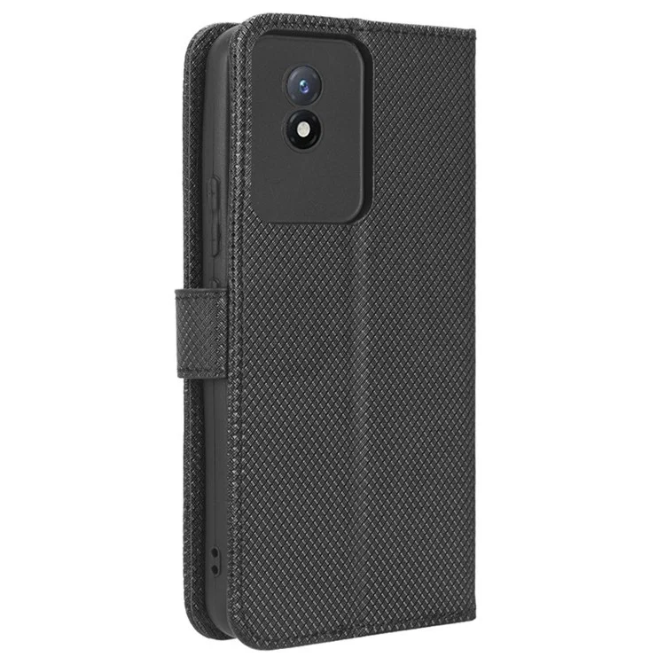Phone Case for vivo Y02 4G Diamond Texture Wallet Stand Shockproof PU Leather Phone Cover - Black